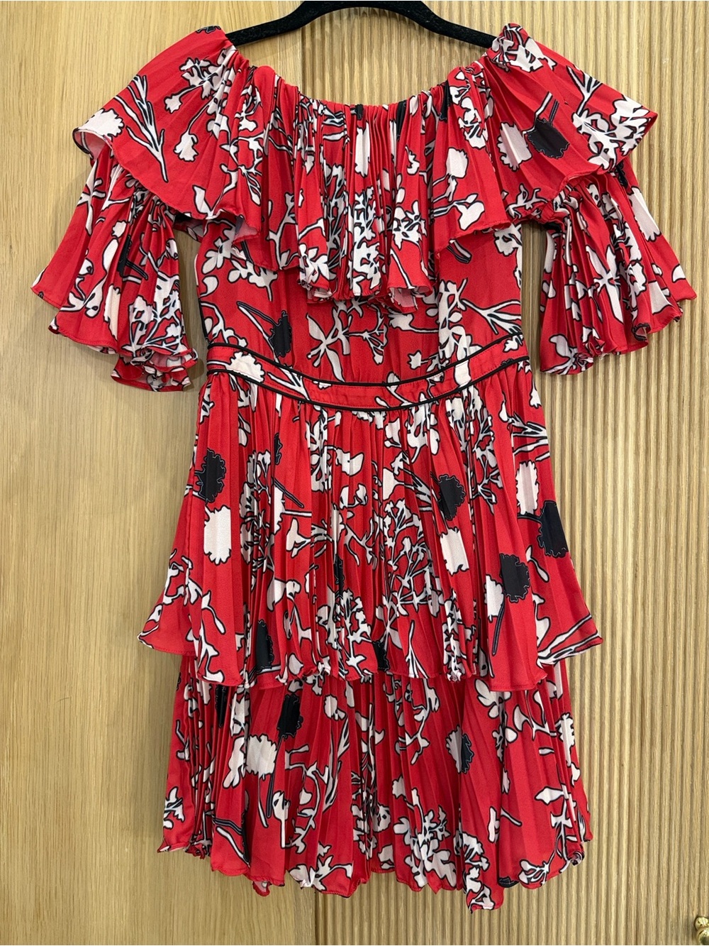 Self-Portrait Red Floral Off-Shoulder Ruffle Mini Dress - Picture 2 of 5